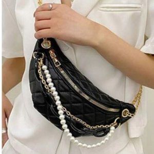 Fanny Pack Bumbag Shoulder Bag PUFF QUILTED Pearls Chains BLACK Faux Leather